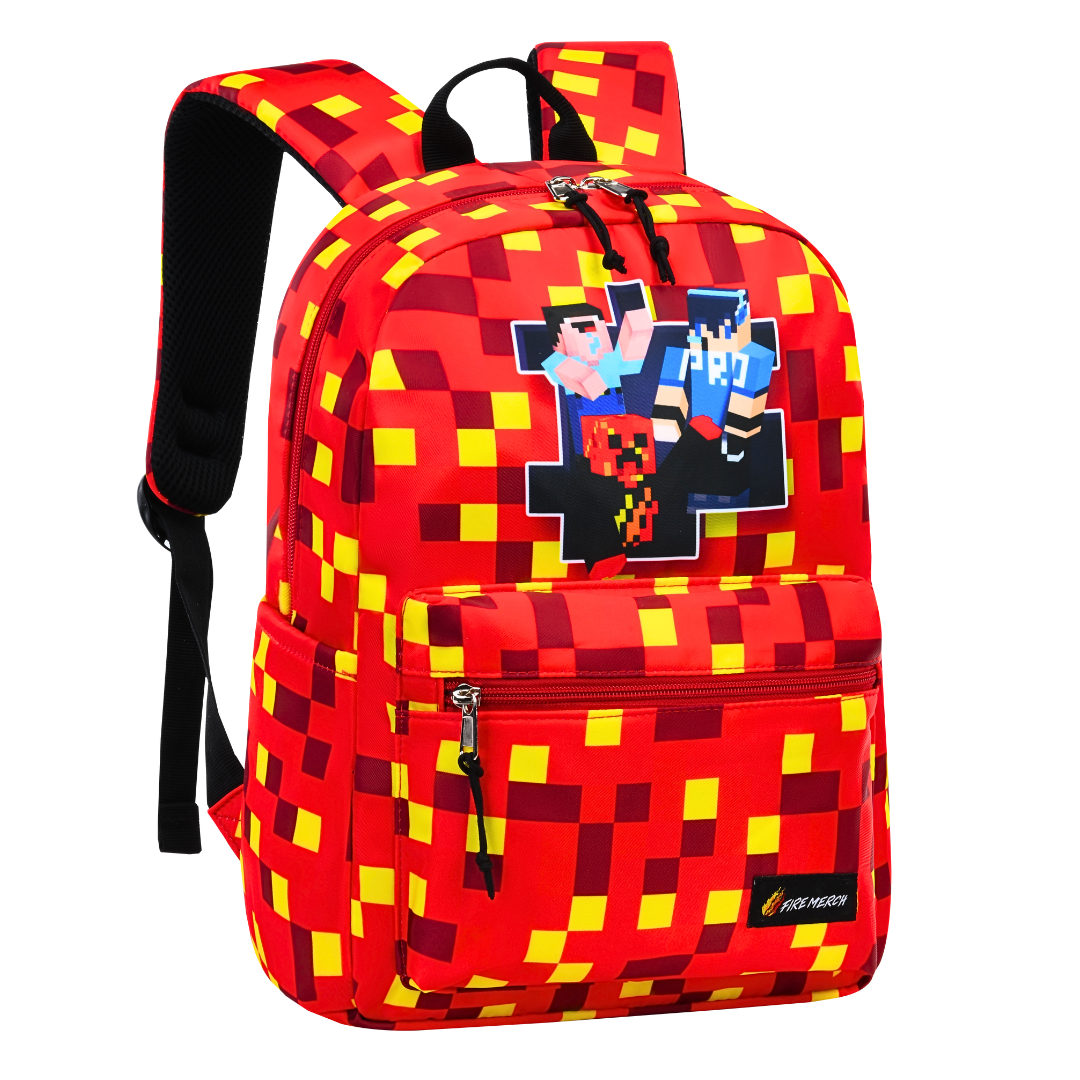 PrestonPlayz & Friends Backpack in bold red and yellow design with pixel art graphics for school and adventures.