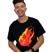 Preston Playz wearing a black t-shirt with a colorful flame Minecraft design on a white background