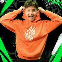 Person wearing an orange hoodie with a flame design against a colorful, abstract background